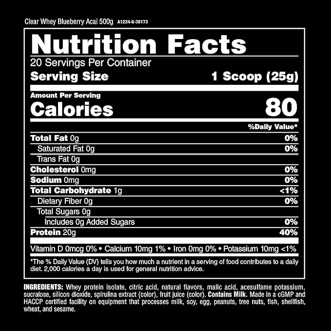 Clear Whey Isolate Protein Powder - Easy to Digest and Mix 5g BCAA Deliciously Juicy Refreshing Anytime Drink for Men and Women Blueberry Acai 500g (20 Servings)