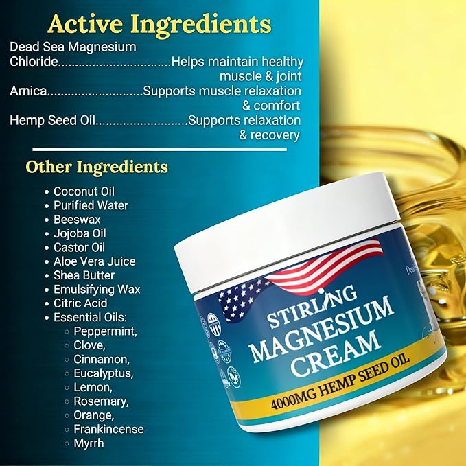 STIRLING Magnesium Cream - 4000mg Hemp Seed Oil + Magnesium &amp Arnica - Supports Joint Mobility Muscle Comfort &amp Back Function - Made in USA with Premium Ingredients