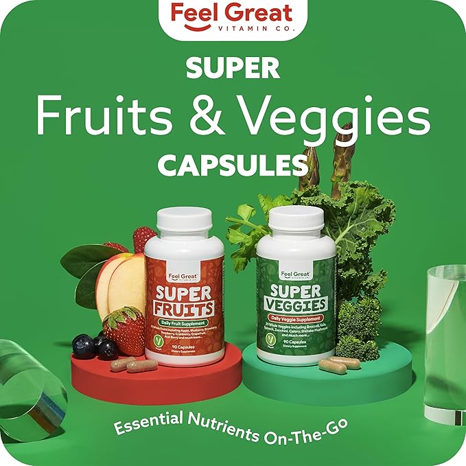 Feel Great Fruit and Vegetable Supplements | 20+ Super Reds &amp Greens for Natural Energy Support | Vegan Fruit and Veggie Vitamins | 2 Pack of 90 Count Each
