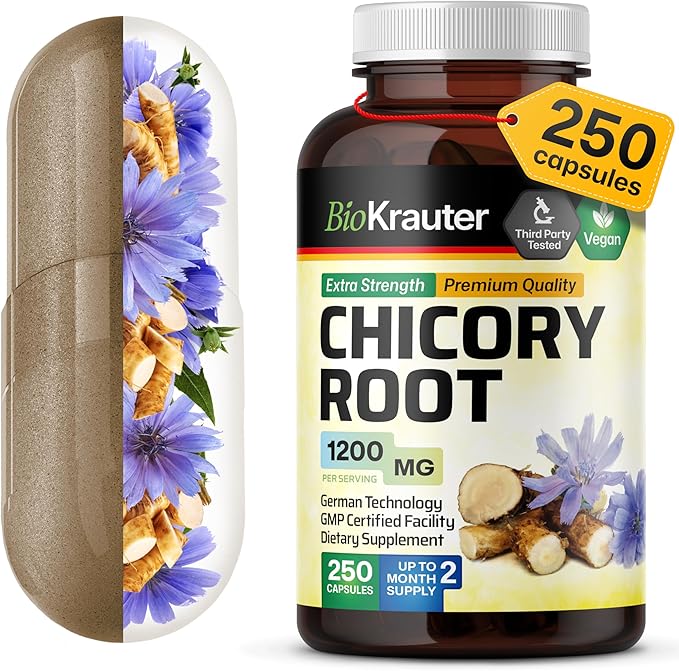 BIO KRAUTER® Chicory Root for Gut &amp Digestive Support - Pure Vegan Prebiotics &amp Fiber Supplement in Capsules 1200 mg per Serving 250 Count - No Fillers Non-GMO - 62 Days of Supply