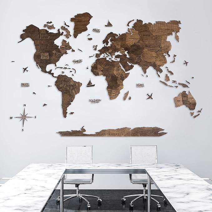 Handmade 3D Wood World Map Wall Art Large Wall Decor Track Your World Travels - Special for Home Kitchen and Office (X-Large Walnut)
