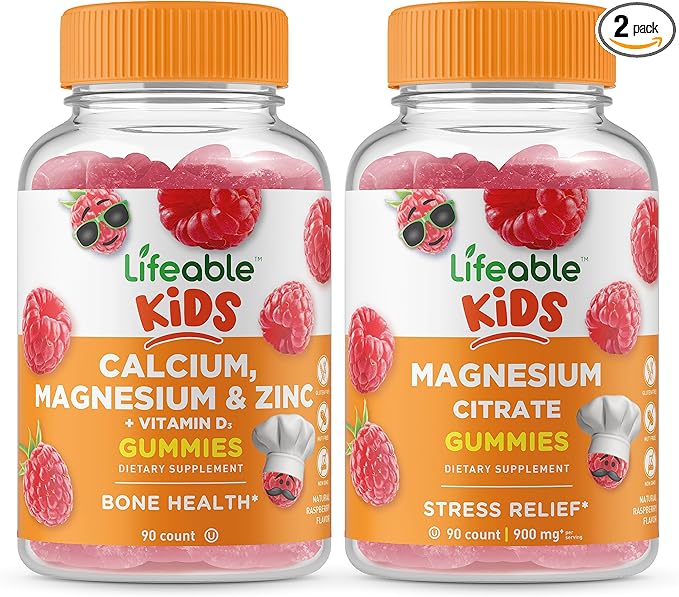 Lifeable Calcium Magnesium &amp Zinc Kids + Magnesium Kids Gummies Bundle - Great Tasting Vitamin Supplement Gluten Free GMO Free Chewable Gummy