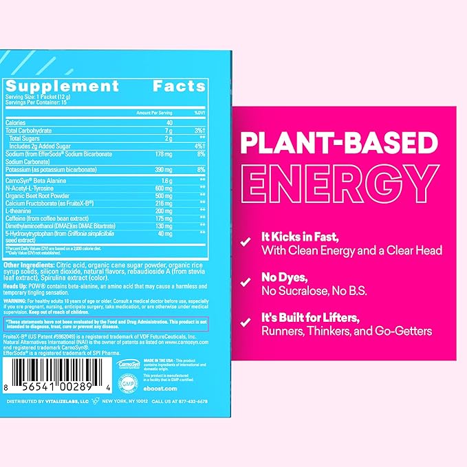 EBOOST POW Natural Pre Workout Powder - 15 Packets Blue Raspberry - Preworkout Energy Booster Gym Supplement Drink Mix for Men and Women - Performance Joint Mobility Support - Gluten-Free