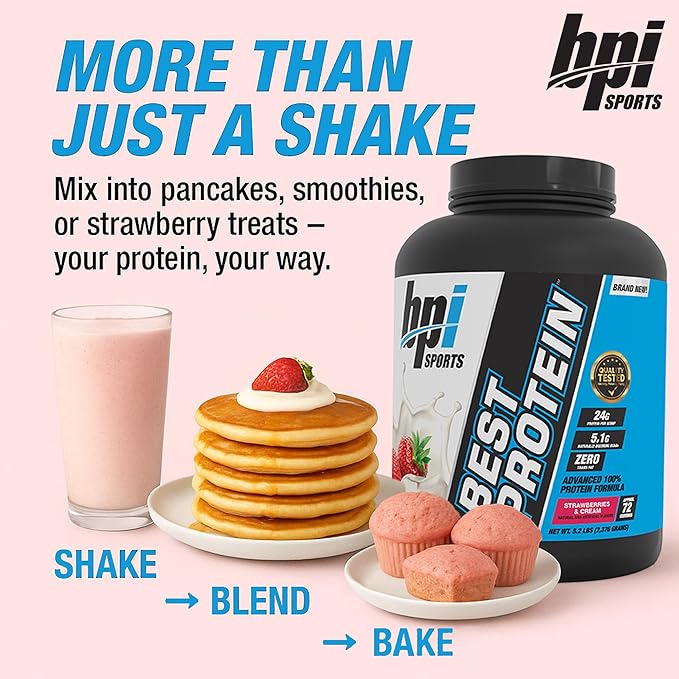 BPI Sports Best Protein – 100% Whey Protein Powder – Muscle Growth Recovery Meal Replacement – No Maltodextrin No Fillers Gluten Free – for Men &amp Women | Strawberries and Cream – 5.2 Pounds