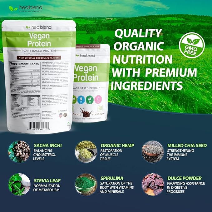 healblend Plant-Based Protein Powder Vegan Dietary Supplement - Gluten-Free Non-GMO Erythritol-Free Soy-Free Dairy-Free Pea Protein for Women and Men