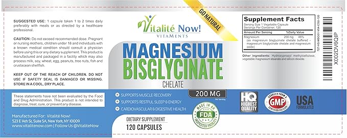 Magnesium Bisglycinate 200mg - 100% Chelated Capsules for Superior Absorption - Gentle Formula No Laxative Effect - Sleep Energy Cramps Muscle Support - Fully Reacted &amp Buffered