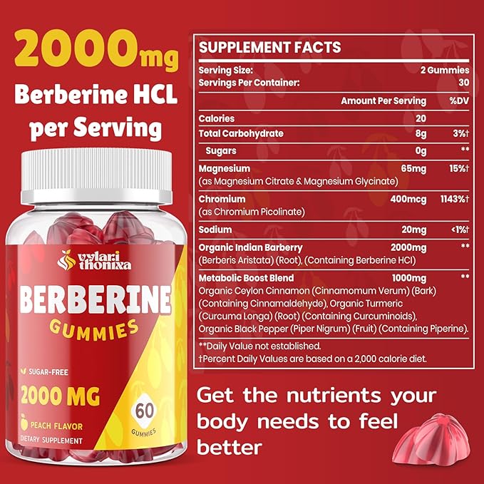 2000mg Berberine Supplement Gummies – High Potency Wellness Blend with Ceylon Cinnamon Turmeric Magnesium &amp Chromium Vegan Non-GMO Gluten-Free Peach Flavor 60 Gummies - 1 Pack
