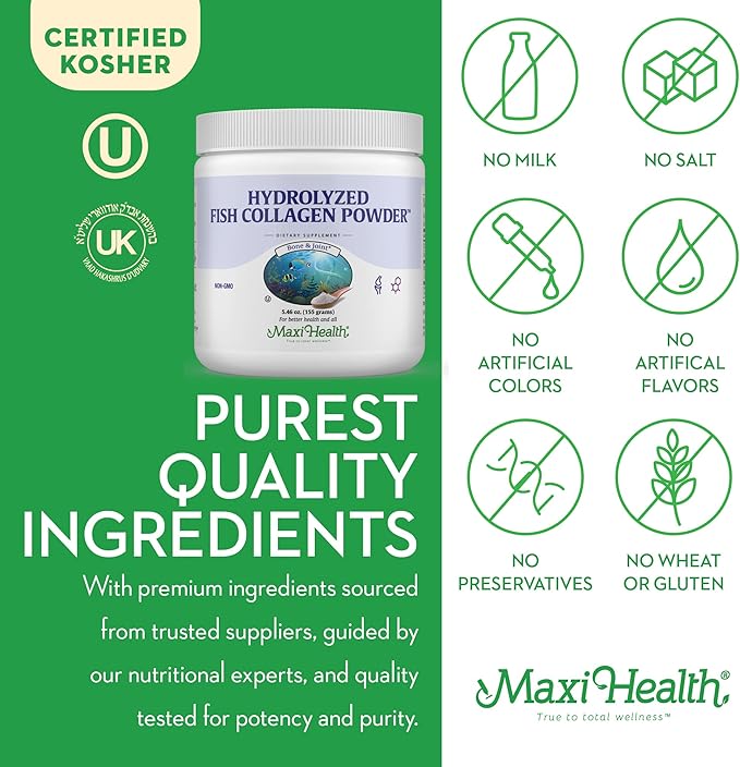Maxi Health Collagen Peptides Powder – Type I Unflavored Marine Powder Collagen for Women &amp Men - Wild-Caught Protein Supplement for Joints Skin Hair &amp NailNails (5.46 oz)