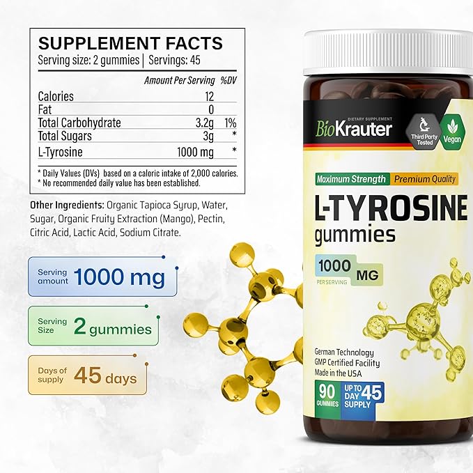 BIO KRAUTER® L Tyrosine for Mood and Cognitive Support - Supplements for Focus &amp Performance Support - L-tyrosine 1000 mg 90 Mood Gummies 45-Day Supply - Non-GMO Mango Flavor