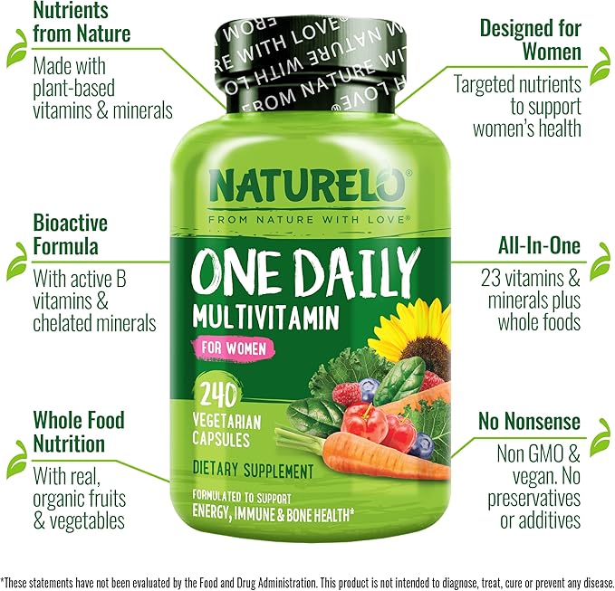 NATURELO One Daily Multivitamin for Women w/Vitamin B12 240 Ct Energy Support Whole Food Daily Women Multivitamin Supplement Nourish Hair/Skin/Nail Non-GMO No Soy Gluten Free 8 Month Supply