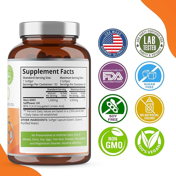 Purity Labs CLA Supplements 4500MG - Non-GMO Safflower Oil - Supports Energy Weight Loss Heart Health and Muscle Health - 180 Soft gels