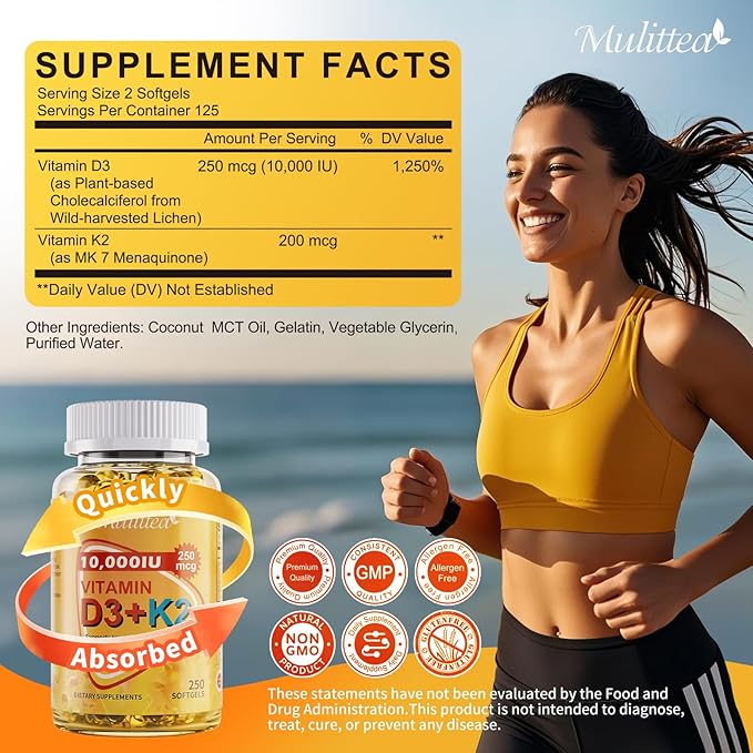 Plant-Based D3 K2 Vitamin 10000 IU w/ Virgin Coconut MCT Oil - 200 mcg MK7 Vitamin K2 Non-GMO for Ultimate Absorption - Bone Immune &amp Heart Health - Easy to Swallow D &amp K Supplement - 250 So