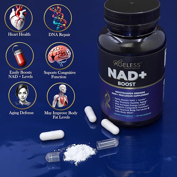 Ageless NAD+ Supplements for Women &amp Men | 300mg Nicotinamide Riboside Chloride | Dietary Supplement for Anti-Aging | Supports Energy Focus Stamina Fat Metabolism &amp Cognitive Function – 90