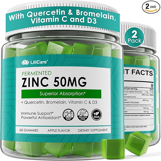 Fermented Zinc Gummies 50mg Quercetin Bromelain Vitamin C &amp D3 Superior Absorption Zinc Supplements for Women &amp Men Immune Powerful Antioxidant Zinc Picolinate Alternaitive Sugar Free