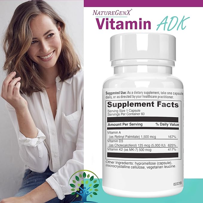 ADK Vitamin Supplement 5000 IU - High Potency Vitamins A D3 and K2 for Bone Health and Calcium Absorption | Gluten-Free Vitamin ADK Supplement 60 Day Supply 60 Capsules