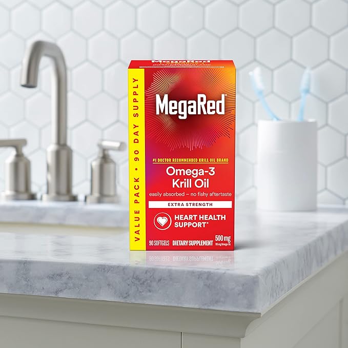 MegaRed Antarctic Krill Oil 500mg Omega 3 Fatty Acid Supplement Extra Strength EPA &amp DHA Krill Oil Softgels (90cnt Box) Astaxanthin Heart Health Supplement with No Fish Oil Aftertaste