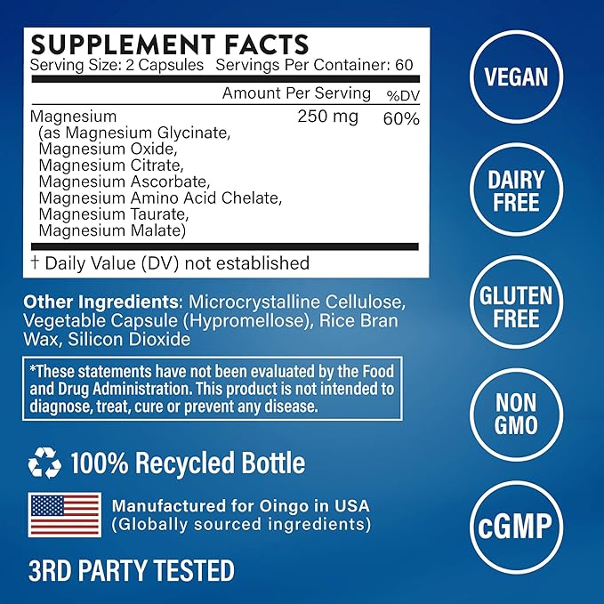 High Absorption Magnesium Complex – 7 in 1 Magnesium Supplement with Magnesium Glycinate Citrate Malate for Natural Sleep Aid Leg Cramps Relief Stress Relief 250 mg 120 Veggie Caps