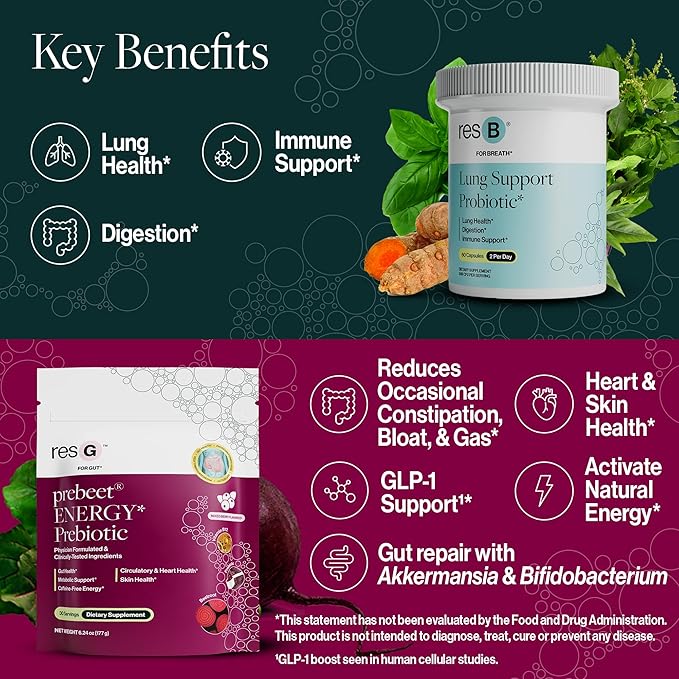 Power Gut Bundle - Lung Probiotic &amp Prebiotic Clinically Trialed Respiratory Health Support &amp Metabolism Boost Supplement Vitamins - resB (90 Servings) &amp prebeet (90 Servings)