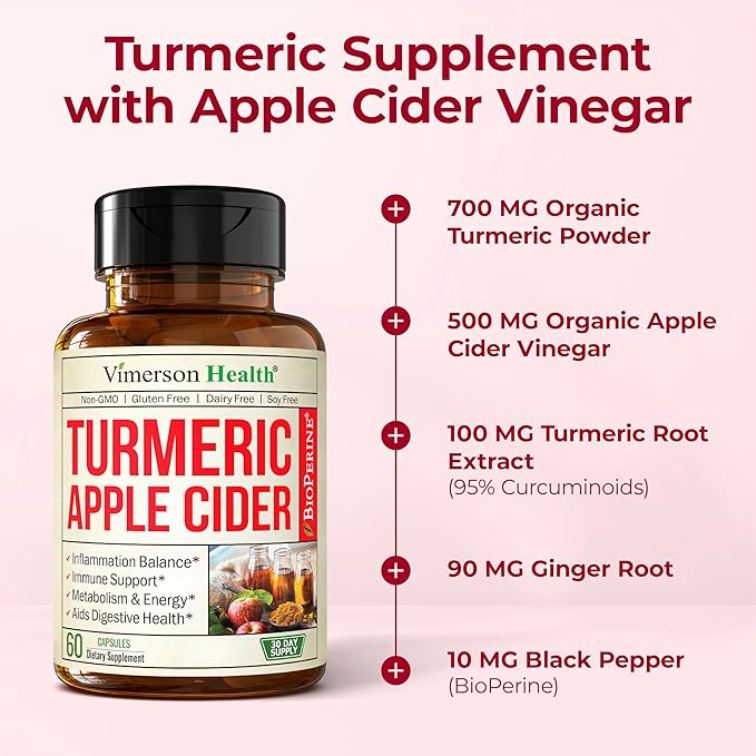 Organic Apple Cider Vinegar with Turmeric Curcumin Supplement &amp Ginger for Digestive Health Metabolism Energy &amp Joint Support – Organic Turmeric &amp Apple Cider Vinegar Capsules – 60 Vegan