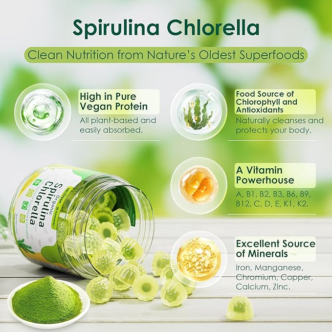 Sugar Free Organic Spirulina Chlorella Gummies 1 Pack + Vitamin C + D3 + Zinc Gummies 2 Pack