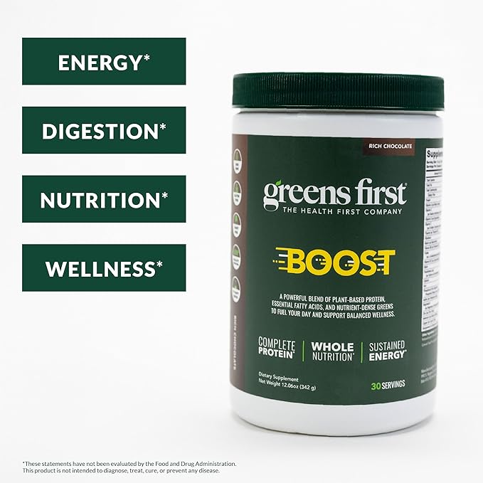 Greens First Boost - Plant-Based Protein &amp Balanced Nutrition - Superfood Shake Mix - No Wheat or Soy - Dairy-Free - Vegan - Dutch Chocolate 12.28 oz.
