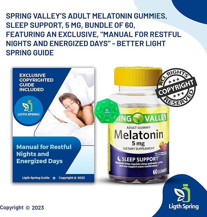 Melatonin Adult Gummies 5 mg Sleep Support 60 Count (3 Pack) with Bundle Exclusive Better Ligth&ampSpring Guide + Weekly Pill Organizer (5 Items)