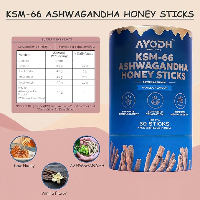 Ashwagandha Honey Sticks Ashwagandha KSM 66 Vanilla Syrup W Raw Honey Ashwagandha for Women/Men Easy To Consume Supports Relaxation Stamina Calmness &amp Immunity – Pack of 30 (0.25 Oz Each)