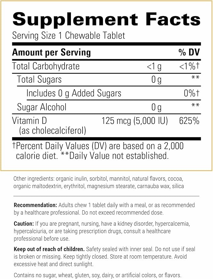 Integrative Therapeutics Vitamin D3 125 mcg - Vitamin D Supplement for Bone Health &amp Immune Support* - Gluten-Free &amp Dairy-Free - Chocolate Flavored 90 Chewable Tablets (90 Servings)