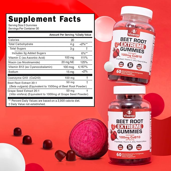 Extreme Beetroot Formula &amp COQ10 100mg with Grape Seed Extract for Circulation Energy &amp Flow Beet Root Gummies Extract Gluten Free 60