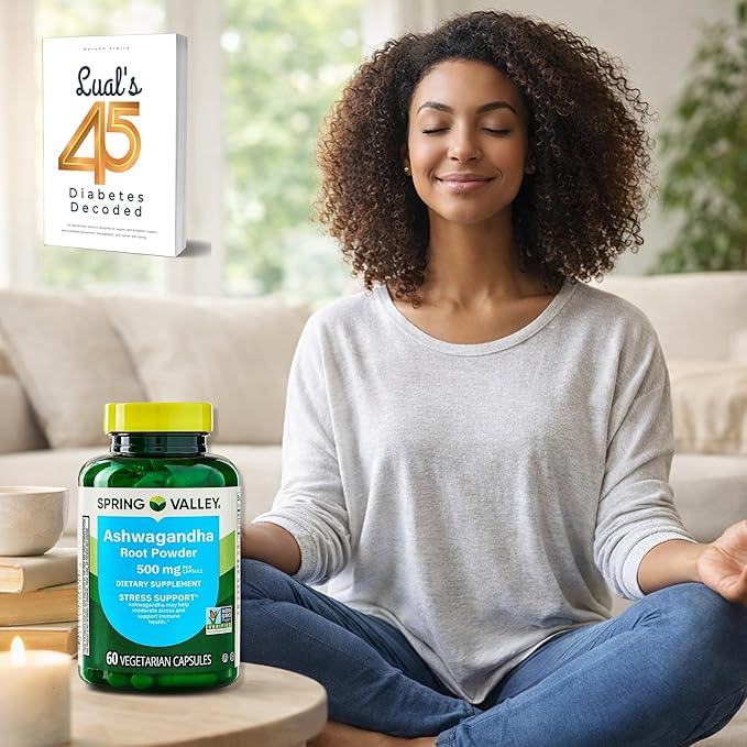 Ashwagandha Root Powder Capsules 500mg from Spring Valley - Natural Stress Relief &amp Energy Support Supplement 60 Count with Luall’s 45 Diabetes Decoded