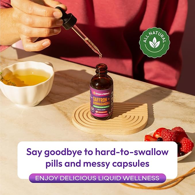 Drops Of Nature Ashwagandha &amp Saffron Liquid Drops Supplement (Mixed Berry 60mL) &amp Pella Nutrition Mushroom Coffee with Lion's Mane (Low-Caffeine 60 Cups) – Vegan Non-GMO – Focus &amp Mood