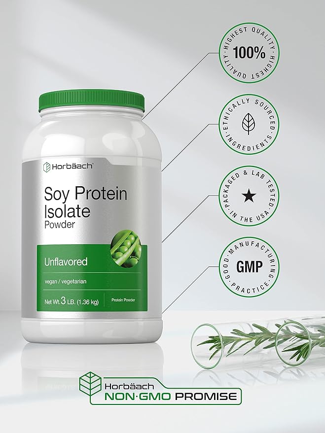 Horbaach Soy Protein Isolate Powder | Vegan &amp Unflavored | for Smoothies Shakes Baking and Cooking | 3 lb | Vegetarian Non-GMO Gluten Free