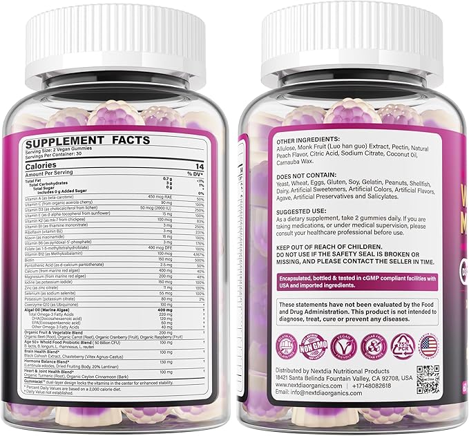 Multivitamin for Women 50 Plus Gummies Vegan Omega 3 Methylfolate Calcium D3 K2 CoQ10 Daily Vitamin A C E Methylated B12 Biotin B Complex Zinc - Bone Energy Longevity - Sugar Free 60Count