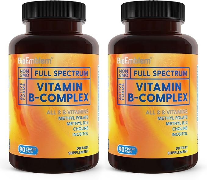 BioEmblem Vitamin B Complex | All 8 Essential Vitamins with Methyl Folate Methyl B12 Choline &amp Inositol | Non-GMO Vegan Gluten-Free | Energy Brain and Metabolism Support | 180 Capsules