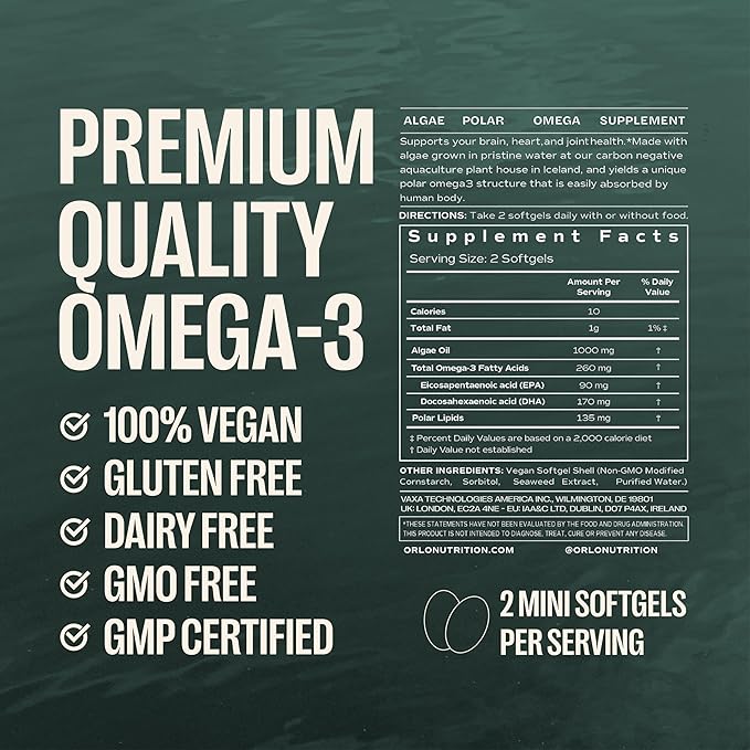 Orlo Vegan Omega 3 Algae Oil 1000mg - Natural Icelandic Nordic Omega-3 EPA &amp DHA Supplement - Fish Oil &amp Krill Alternative for Heart &amp Brain – 120 Easy-to-Swallow Burpless Mini Softgels &a