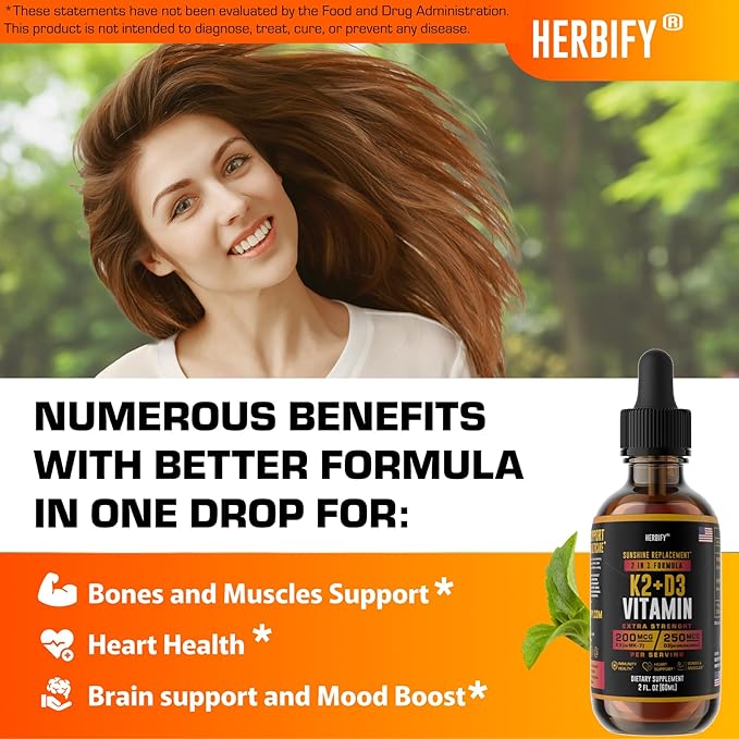 HERBIFY Bundle - Lions Mane Drops &amp K2 and D3 Drops - Brain Support &amp Bone Strength