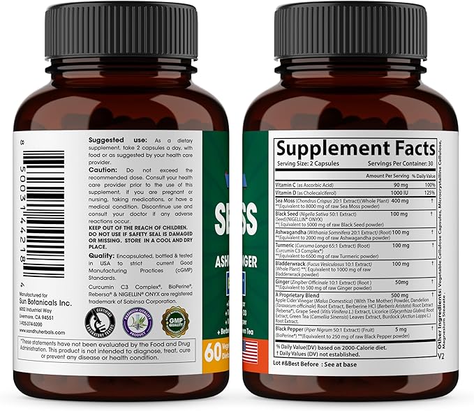 Sandhu Herbals Seamoss &amp Turmeric Curcumin with Bioperine Capsules | Supports Immune Digestive Cognitive Skin &amp Hair Health