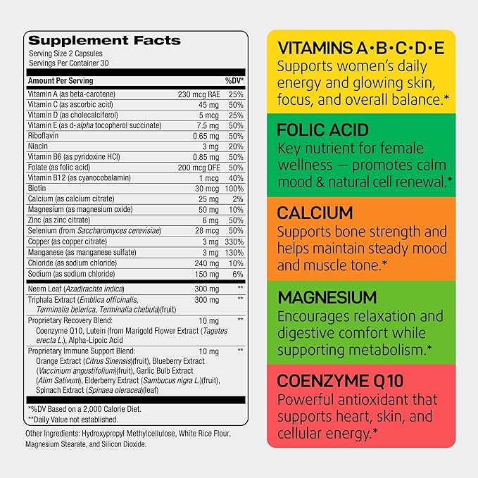 Daily Multivitamin Dose for Women - Vegan Women's Vitamins A B C D E and Zinc Magnesium &amp Calcium Minerals - Complete Supplement for Energy &amp Immune Support - All-in-One for Female Health - 6