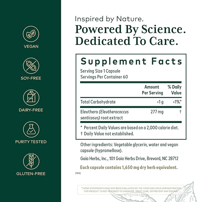 GAIA HERBS PRO Eleuthero - Adaptogen Supplement - Stress &amp Energy Support - 60 Vegan Liquid Phyto-Capsules (60 Servings)