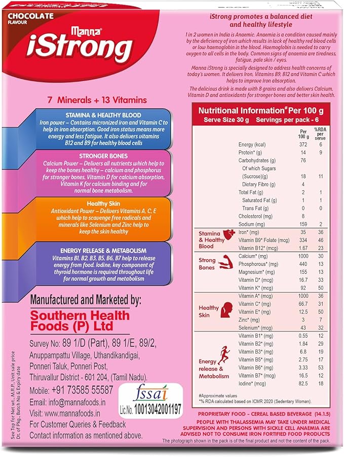 Manna i Strong 200g Iron Fortified Womens Health Drink Mix (Chocolate) Iron Supplement Iron Lock Formula with VIT C B9 B12