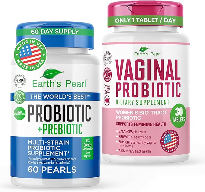 Earth's Pearl Probiotics for Women &amp Men &amp Kids - Pearl-Shaped Probiotic &amp Prebiotics &amp Vaginal Probiotics for Women Promotes Healthy Vaginal Odor &amp pH Balance for Women with BIO-T