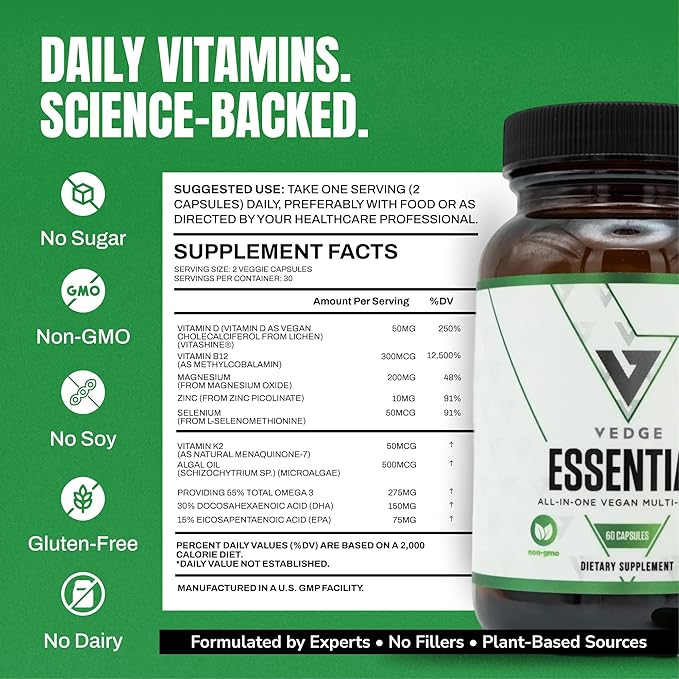 VEDGE Vanilla Protein Powder Creatine Monohydrate and Vegan Omega 3 Complete Vegan Performance Stack for Muscle Strength Endurance &amp Recovery Superfood Vitamin A Vitamin C and Amino Acids