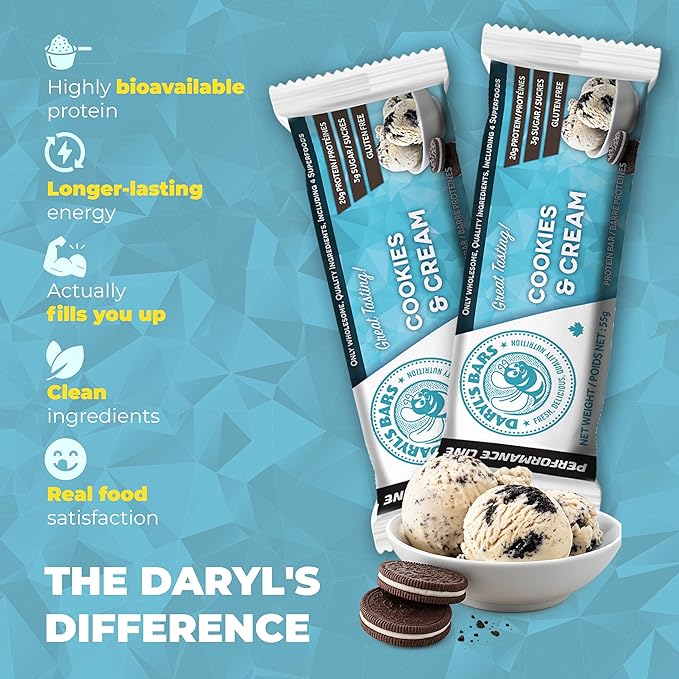 Daryl's Bars Cookies &amp Cream On the Go Snack On the Go Whey Protein Bars Gluten Free 20gr of Protein Snack Meal Replacement Pack of 1