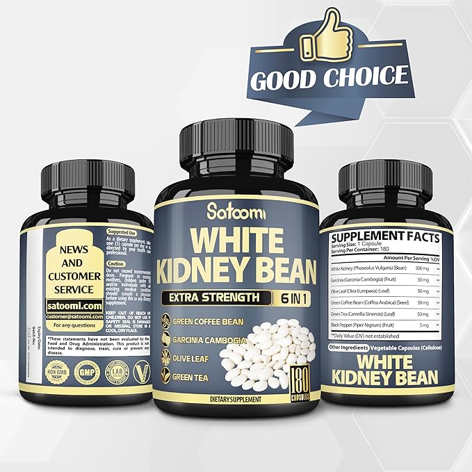 Satoomi 6in1 White Kidney Bean Extract Capsules - 6 Month Supply - Extra Blend with Olive Leaf Green Coffee Bean &amp Green Tea - 180 Counts