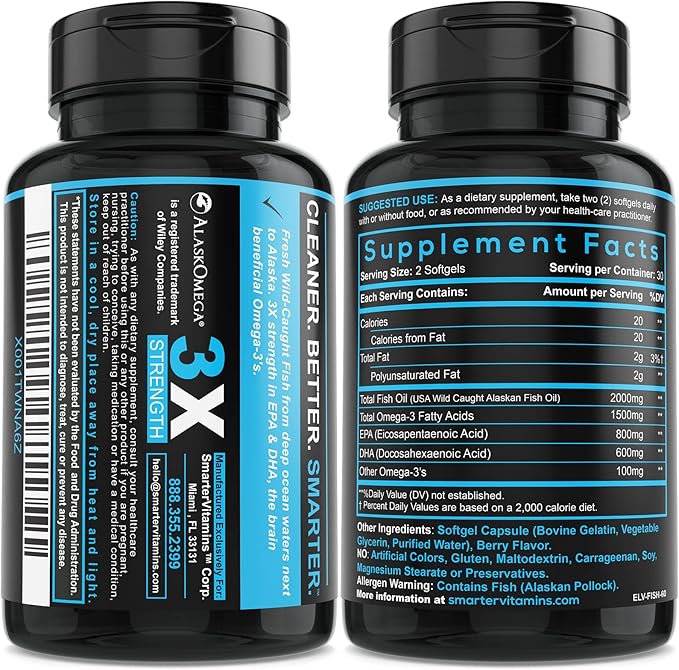 (5 Pack) Smarter Omega 3 Fish Oil Berry Flavor Burpless Tasteless 2000mg Potent Triple Strength DHA EPA Brain Omega-3 Made with AlaskOmega®
