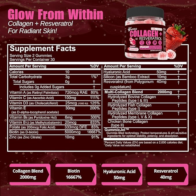 Multi Collagen Gummies Hydrolyzed Type I II III V X Plus Resveratrol Hyaluronic Acid &amp Biotin Gummies for Hair Skin and Nails Vitamins | Multi Collagen Peptides | Sugar Free