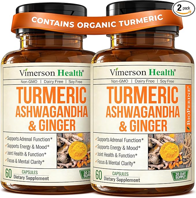 Ashwagandha Organic Turmeric Curcumin Supplement with Ginger Root &amp Black Pepper – Joint Health Energy &amp Immune Support – Antioxidant Blend with 95% Curcuminoids – 2 Pack