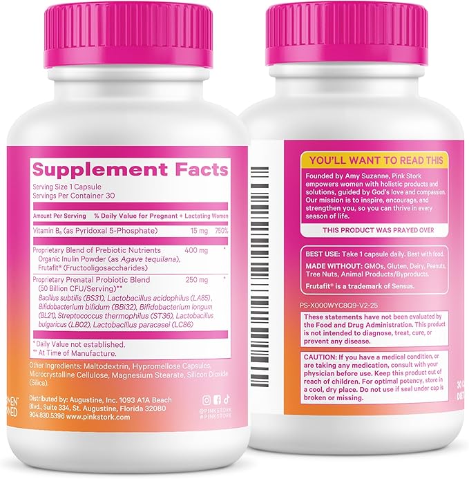 Pink Stork Prenatal Probiotics for Women - Vitamin B6 Prebiotics Morning Sickness Gut Microbiome Pregnancy Probiotic Immune Support Pregnancy Must Haves - 60 Capsules