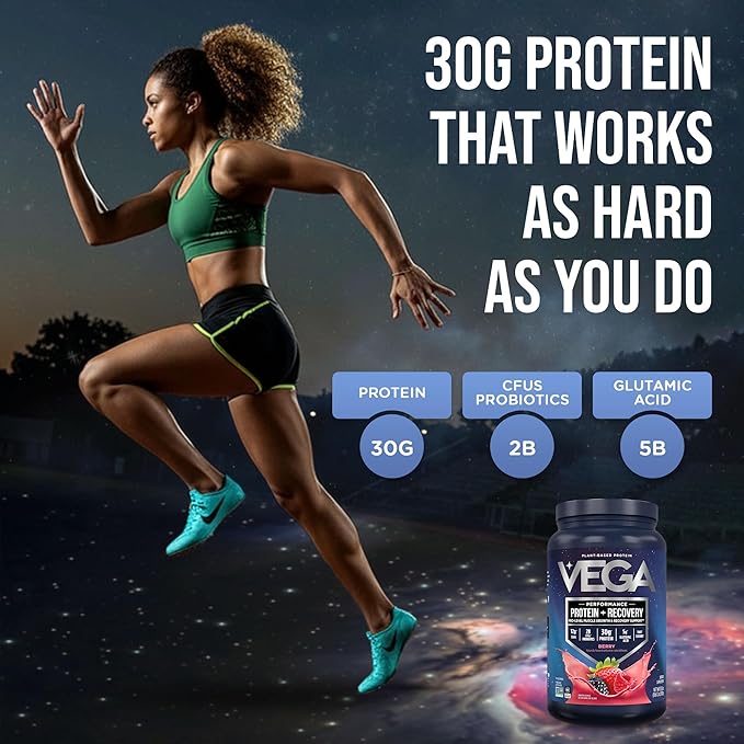 Vega Sport Vegan Protein Powder + Recovery - 30g Plant Based Protein per Serving Berry 19 Servings 5g BCAAs Probiotics NSF Certified for Shakes &amp Smoothies 1.8lbs (Packaging May Vary)
