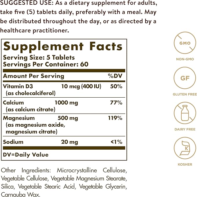 Solgar Calcium Magnesium with Vitamin D3 300 Tablets - Promotes Healthy Bones Supports Nerve &amp Muscle Function - Highly Absorbable Form - Non-GMO and Gluten Free - 60 Servings (Pack of 2)